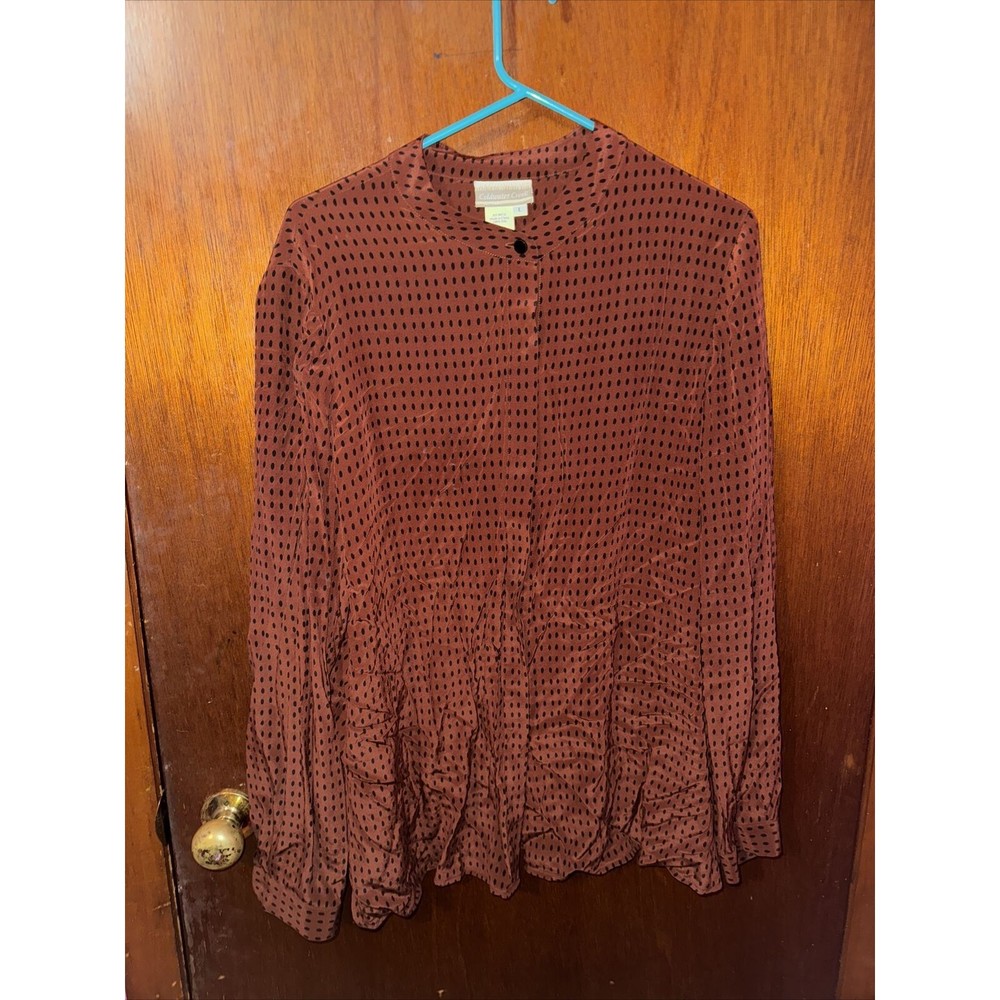 Coldwater Creek Womens Brown Spotted Button Up Blouse Size Large 100% Silk